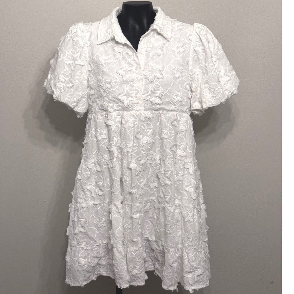 Blue B Star Eyelash Embroidery Babydoll Mini Dress M White Boho Western Festival